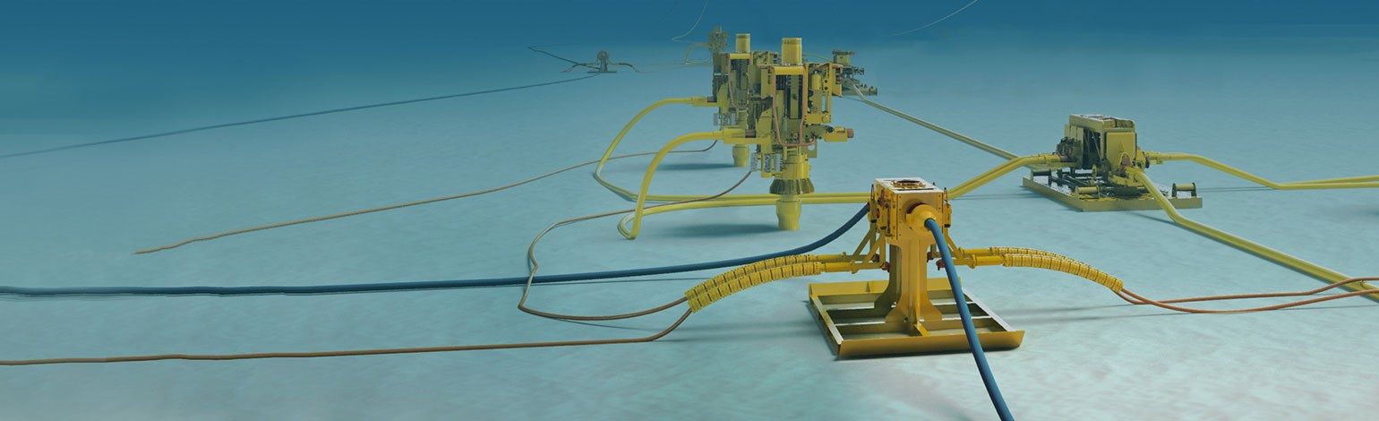 Subsea production equipment connected by flowlines on the seabed (illustration)