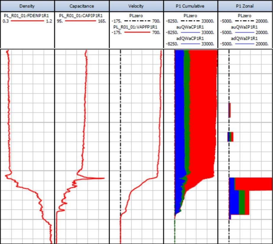 Production log display with density, capacitance, velocity and cumulative flow tracks