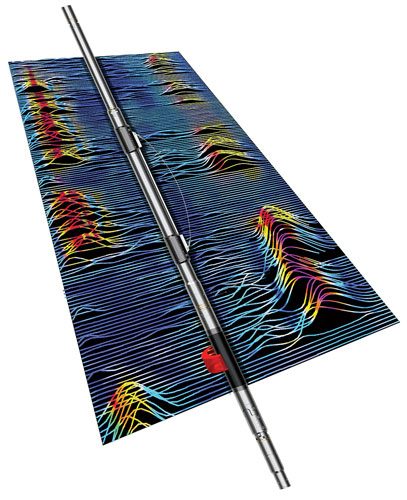 Downhole logging tool string over a colour-coded acoustic amplitude display (illustration)